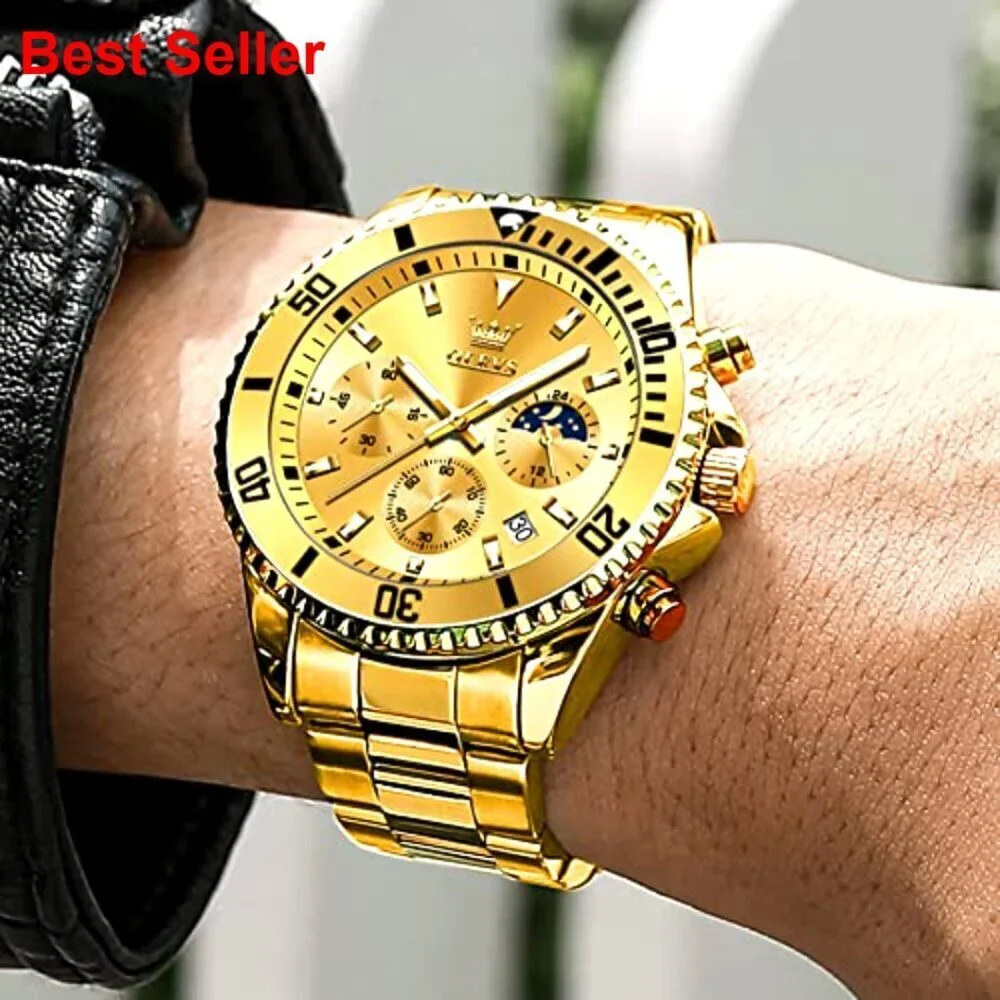 Stainless Steel Watch Big Face Analog Quartz Waterproof Chronograph